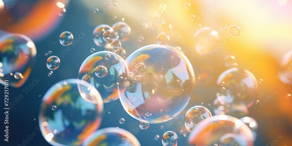 Poster Colorful soap bubbles floating in the air. Perfect for adding a touch of joy and playfulness to any project