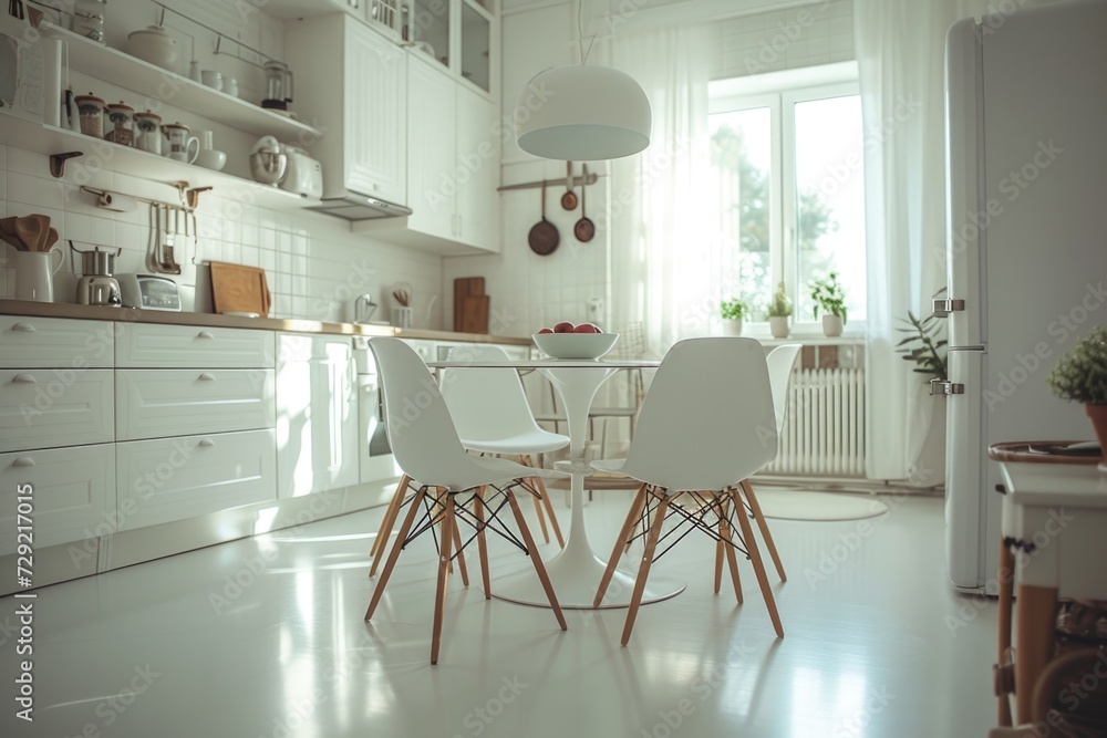 Poster a picture of a kitchen with a table and chairs. suitable for various interior design concepts