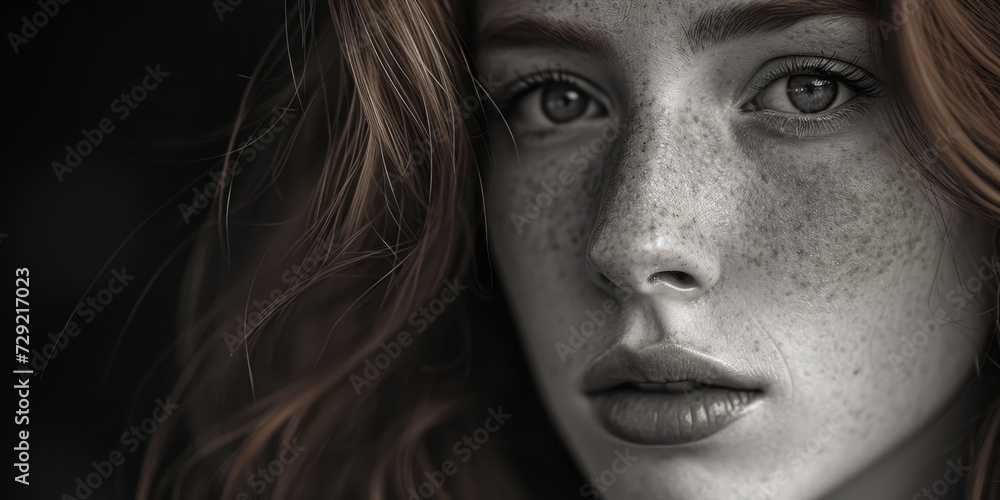 Poster a close-up shot of a woman with freckles on her face. this image can be used to showcase natural bea
