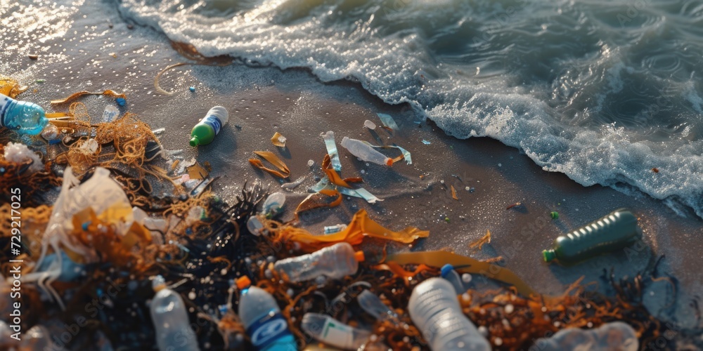 Poster a beach covered in lots of trash, highlighting the issue of pollution. this image can be used to rai