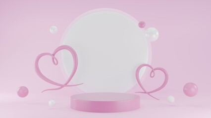 3D Rendering abstract heart pink background with red podium Valentines love