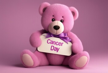 Cute pink teddy bear holding world cancer day banner with pink background.