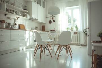 A picture of a kitchen with a table and chairs. Suitable for various interior design concepts