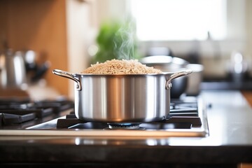 pot of boiling brown rice on stove top - obrazy, fototapety, plakaty