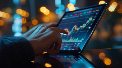 Fototapeta premium Business man working on a digital tablet displaying cryptocurrency market trends, with graphs