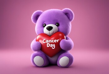 Cute purple teddy bear holding world cancer day heart with pink background.