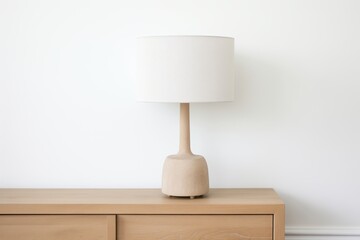 a table lamp with wood stand and linen shade - obrazy, fototapety, plakaty