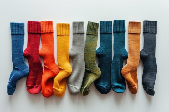 Six pairs of colorful socks lined up in a neat row. Perfect for fashion, clothing, or accessories concepts