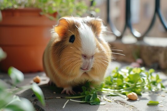 A brown and white guinea pig is seen enjoying a meal of fresh greens. This image can be used to depict small pets, animal care, or healthy eating habits