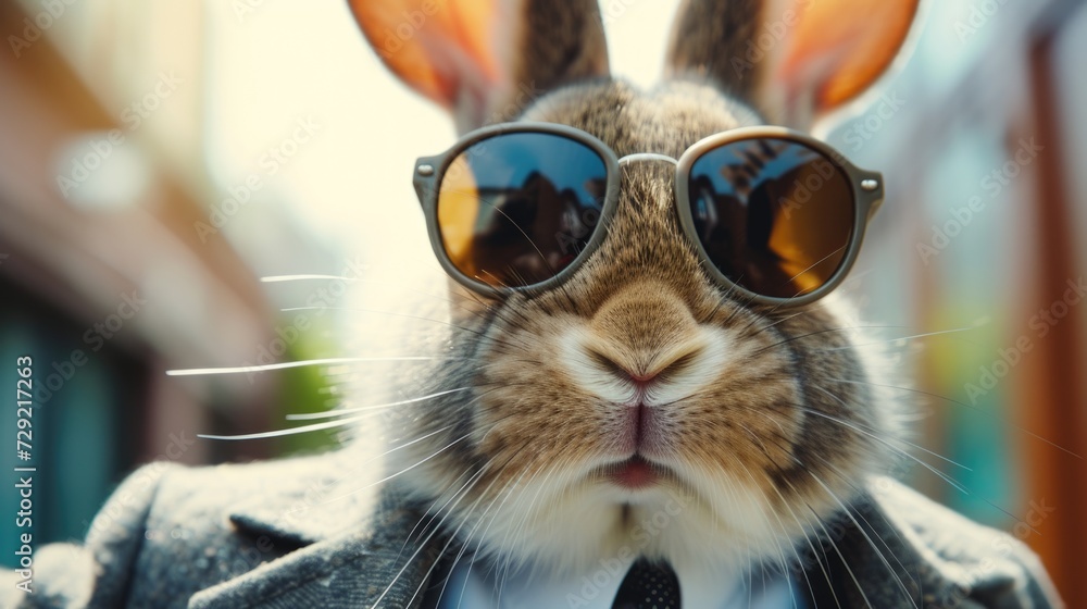 Aufkleber A close-up photograph of a rabbit wearing sunglasses. This unique image can be used to add a touch of fun and humor to various projects