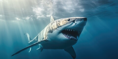 Naklejka premium A powerful and majestic great white shark with its mouth wide open, swimming in the water. Perfect for marine and ocean-themed projects