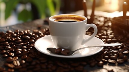Obraz premium A cup of coffee sitting on top of a white saucer. Perfect for coffee shop menus and promotional materials