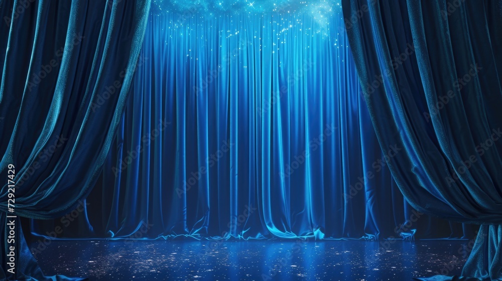 Poster A stage with blue curtains and lights. Suitable for theater, performance, or event concepts