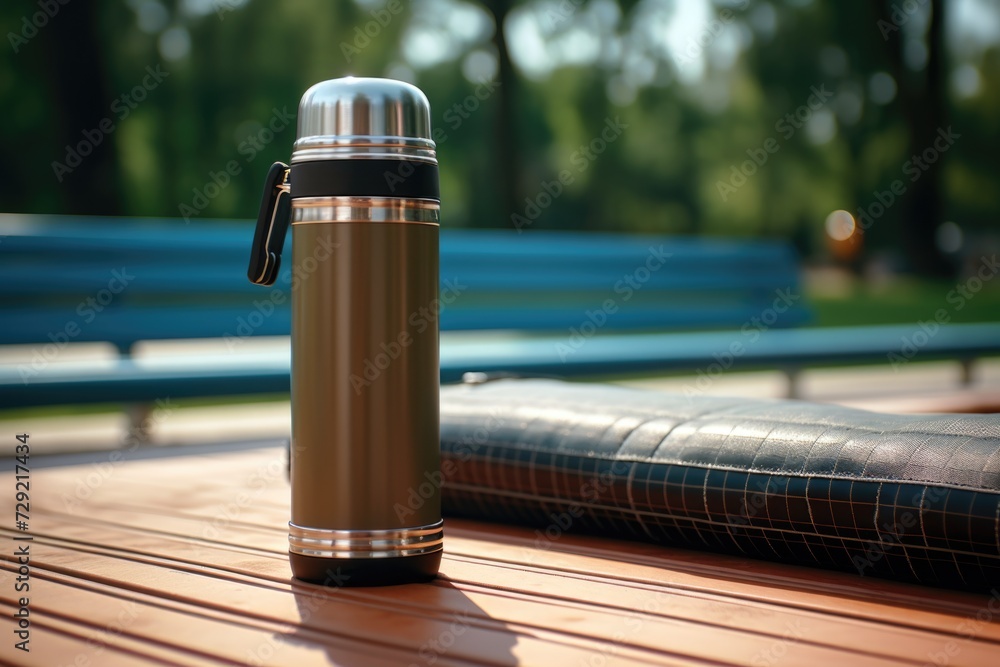 Poster a thermos bottle sitting on top of a wooden table. perfect for showcasing a beverage container in a 