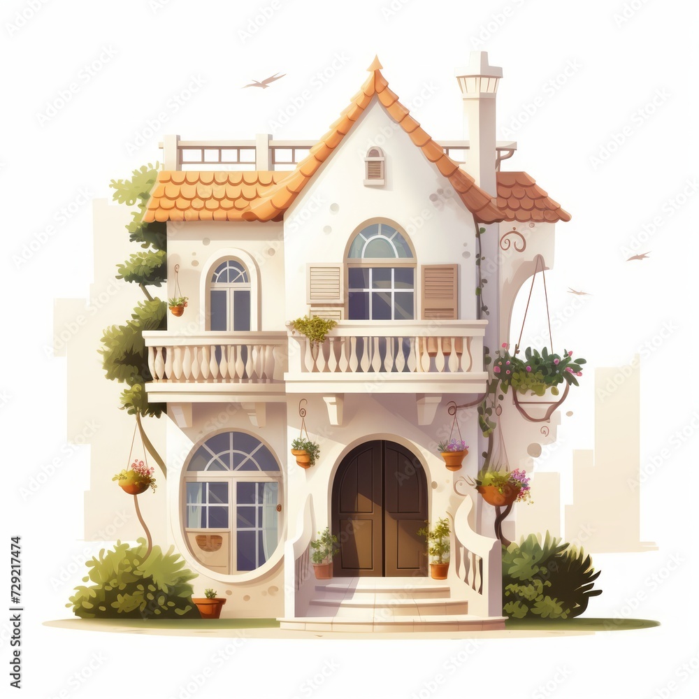 Poster a fairytale abode with a tiny balcony and a white exterior glowing in soft sunlight. generative ai