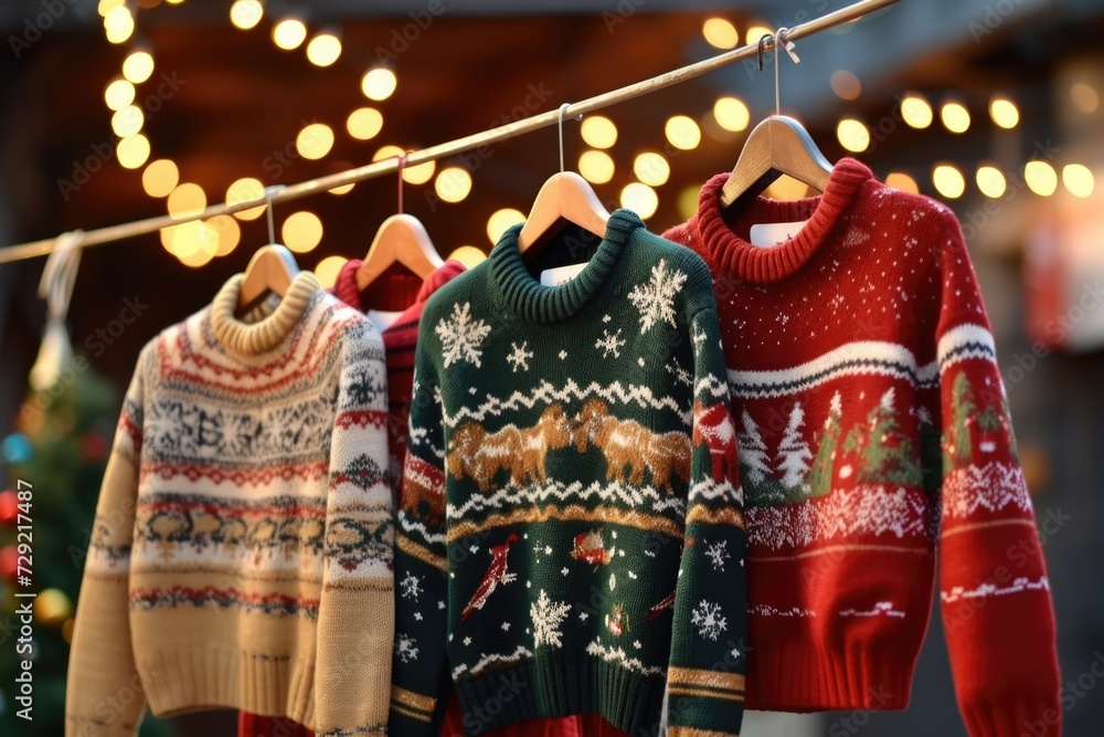 Poster a row of sweaters hanging on a clothes line. perfect for showcasing different sweater designs and co