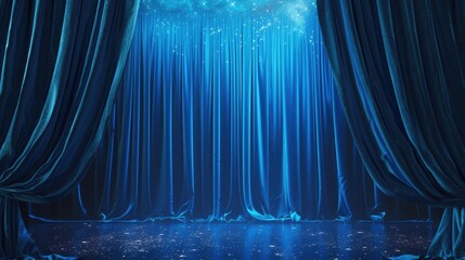 A stage with blue curtains and lights. Suitable for theater, performance, or event concepts
