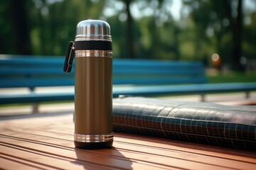 A thermos bottle sitting on top of a wooden table. Perfect for showcasing a beverage container in a rustic setting