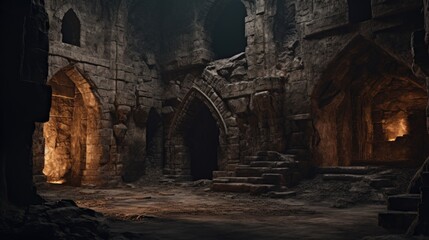 Obraz premium A dimly lit room with stone steps and arches. Perfect for creating an eerie atmosphere. Ideal for use in horror movies or Gothic-themed projects