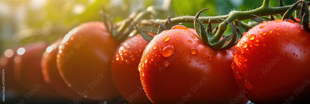 Poster Big red tomatoes soaked with water droplets on organic farm tomato plant.