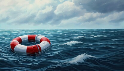 Naklejka premium Vivid orange lifebuoy floating in blue sea symbolizing safety and rescue in times of danger essence of emergency preparedness and importance of life saving equipment in vast ocean