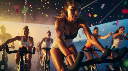 Cycling class in fitness club. Group of fit women spinning on cardio machines. - obrazy, fototapety, plakaty