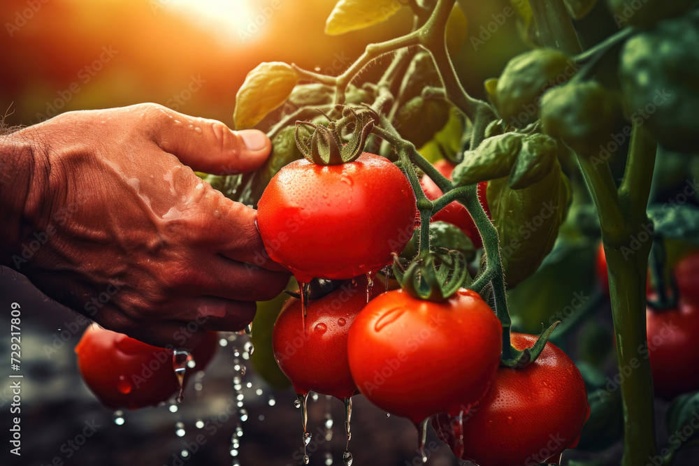 Poster Close up hand of farmer picking red tomatoes soaked with water droplets on organic farm tomato plant.