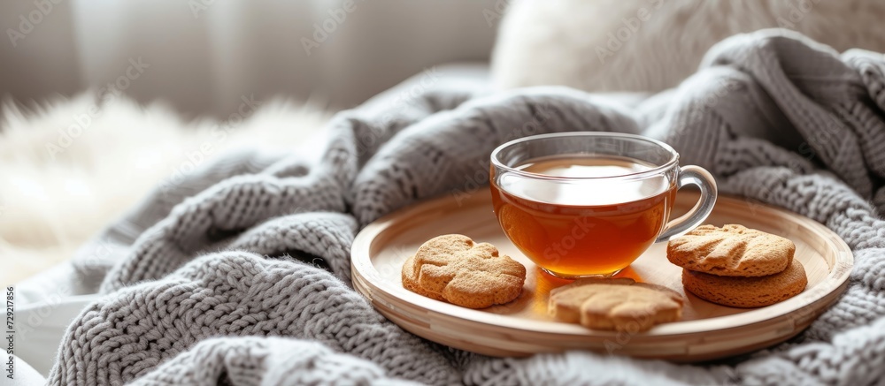 Sticker a morning tray with tea, ginger biscuits served on a gray blanket