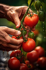 Close up hand of farmer picking red tomatoes soaked with water droplets on organic farm tomato plant. - obrazy, fototapety, plakaty
