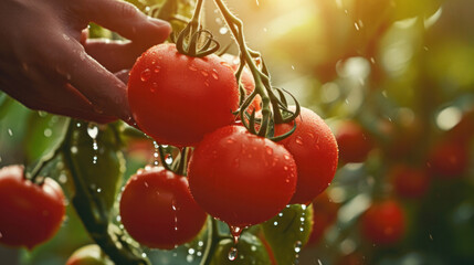 Close up hand of farmer picking red tomatoes soaked with water droplets on organic farm tomato plant. - Powered by Adobe