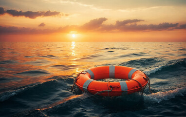 Lifebuoy Floating on Open Sea at Sunset. Rescue, Safety and Hope Concept