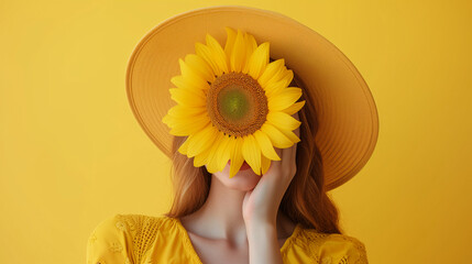 Portrait of an attractive woman covering her face with rose flowers. Minimal spring concept