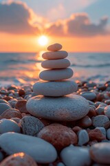 Balanced pebble pyramid silhouette on the beach.