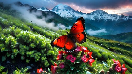 Landscape with flowers and butterfly, Generative AI