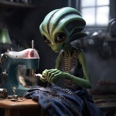 alien couturier sewing a human dress in atelier aria 51 - obrazy, fototapety, plakaty