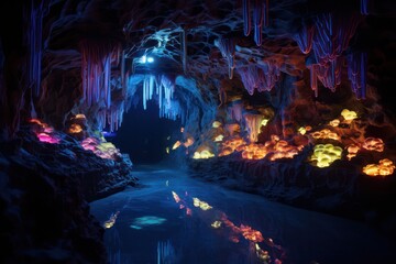 cave with colorful blue  neon lighting inside. Touristic travel destination at night landscape.