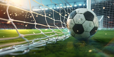 Soccer ball hitting the net in a goal moment. sports, excitement, and victory. action on the football field captured. emphasis on scoring. AI