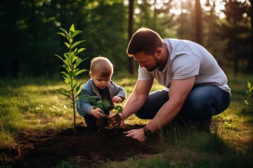 Naklejka na ściany i meble father and son planting a tree together. Family quality time together. Fathers day. Dad and his boy doing good deeds. Future and eco concept.