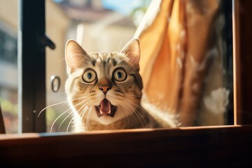 funny cat looking extremely surprised and shocked. Reaction to shocking news pr gossip, wow face, jaw dropping sales. - obrazy, fototapety, plakaty