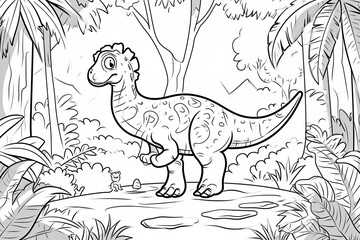 Plateosaurus Dinosaur Black White Linear Doodles Line Art Coloring Page, Kids Coloring Book