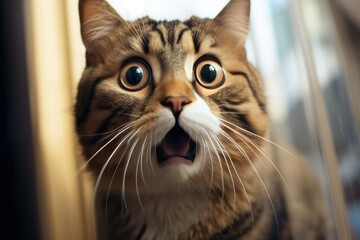 funny cat looking extremely surprised and shocked. Reaction to shocking news pr gossip, wow face, jaw dropping sales.