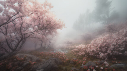 Cherry Blossom wonderland featuring soft fog and diffused light
