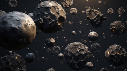 Asteroid Belt With Varied-Sized Meteoroids in the Darkness of Outer Space. Cosmic dark background.