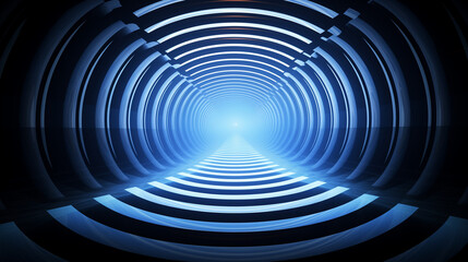 Obraz premium Tunnel With a Light at the End. Neon blue Background, backdrop.