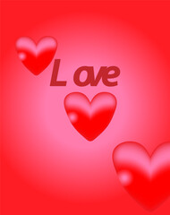 a postcard with three hearts and the inscription love on a red background gradient