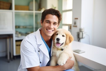 male attractive caucasian veterinarian doctor of thirty years old  holding white golden retriever dog puppy at work in vet clinic. 
