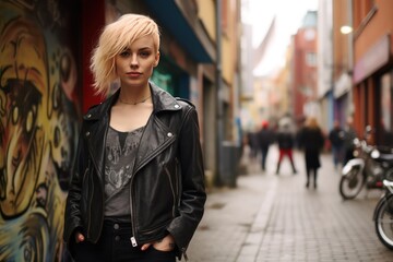 woman dressed in garage punk style wearing black leather jacket walking the street of a European city
