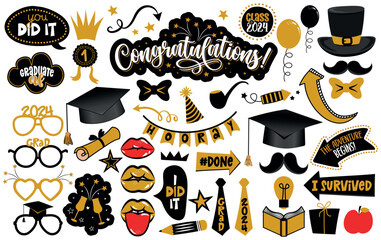 Congratulations Graduates photo booth prop set. Premium vector cap, hat, lips, eyeglasses, degree and many other. Graduation party photo booth. Let the adventure begin. - obrazy, fototapety, plakaty