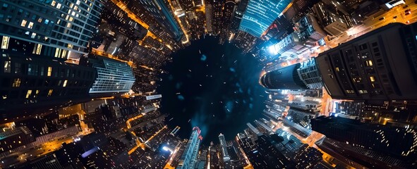Spectacular night view of a cityscape from above. urban beauty in a panoramic shot. futuristic city lights fanning outwards. AI
