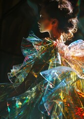 Fashion portrait of futuristic woman wearing floating 3D iridescent glass dress, organic forms, light refraction